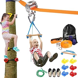 hooroor Slackline Pulley with 52FT Zipline, Tree Climbing Holds, Monkey Bar, Most Accessory for Ninja Warrior Obstacle Course for Kids&Adults Backyard,Outdoor Toys Playset Jungle Gym