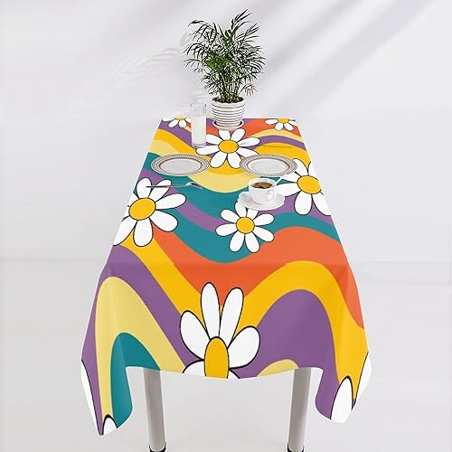 Miniatura 776 de Mantel floral hippie, diseño retro de los años 70, naranja, rosa, azul, floral, bohemio, estampado estético de margaritas, para fiesta, picnic
