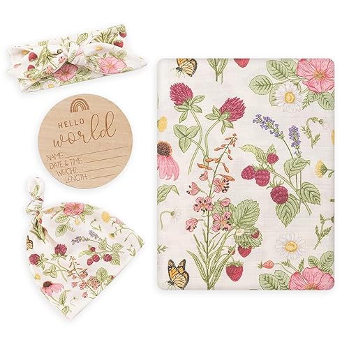 BabyWhale Muslin Swaddle Blanket with Hat and Headband Bow, Floral Pattern Swaddle Set for Baby Boys ＆ Girls, Unisex Newborn Soft Receiving Swaddle Wrap, 47x47 inches - Floral