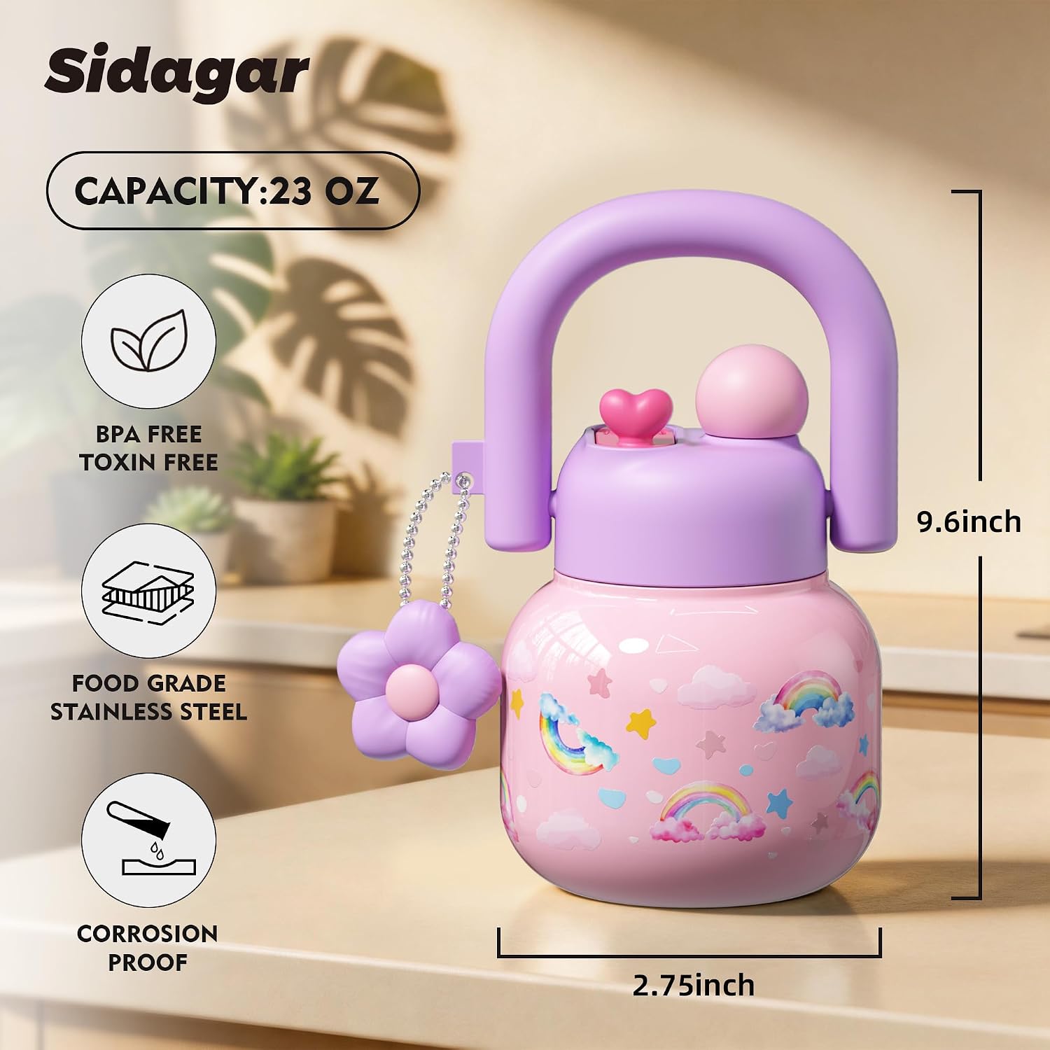 22 oz Tote Insulated Water Bottle with Handle, Leakproof, Rainbow image 2