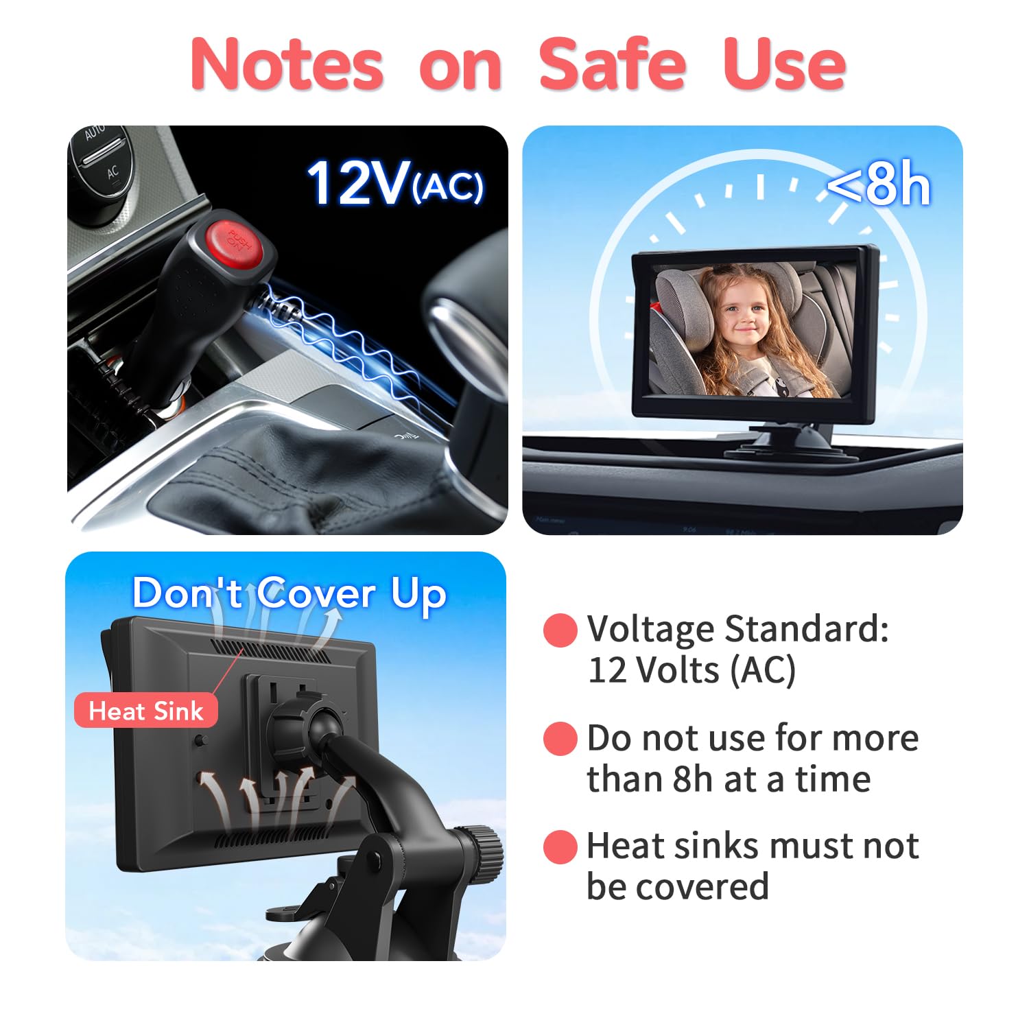 Important safety notes for using the Itomoro baby car camera, including voltage and usage duration.