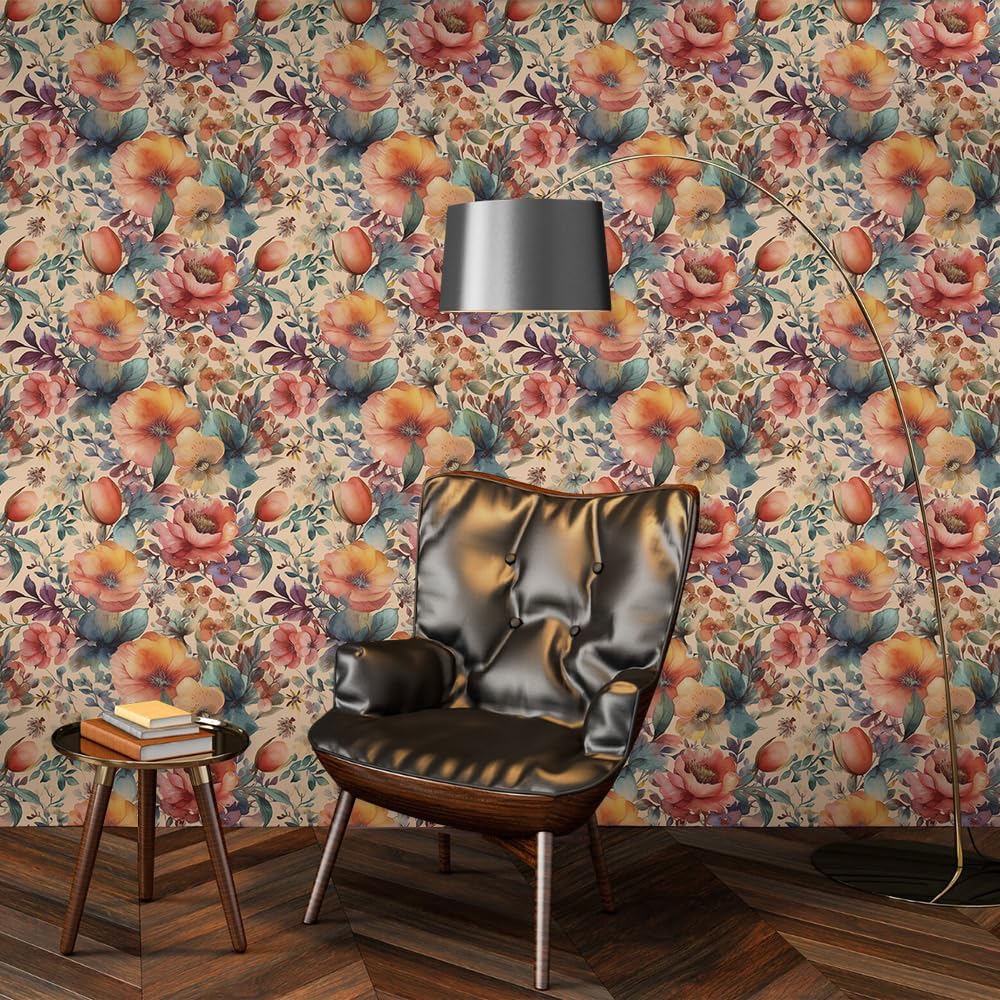 18"x236"Boho Vintage Orange/Yellow Poppy Flowers Peel and Stick Self Adhesive Wallpaper Removable Stick on Easy Peel Off Wall Paper for Kitchen Bedroom Bathroom Renter