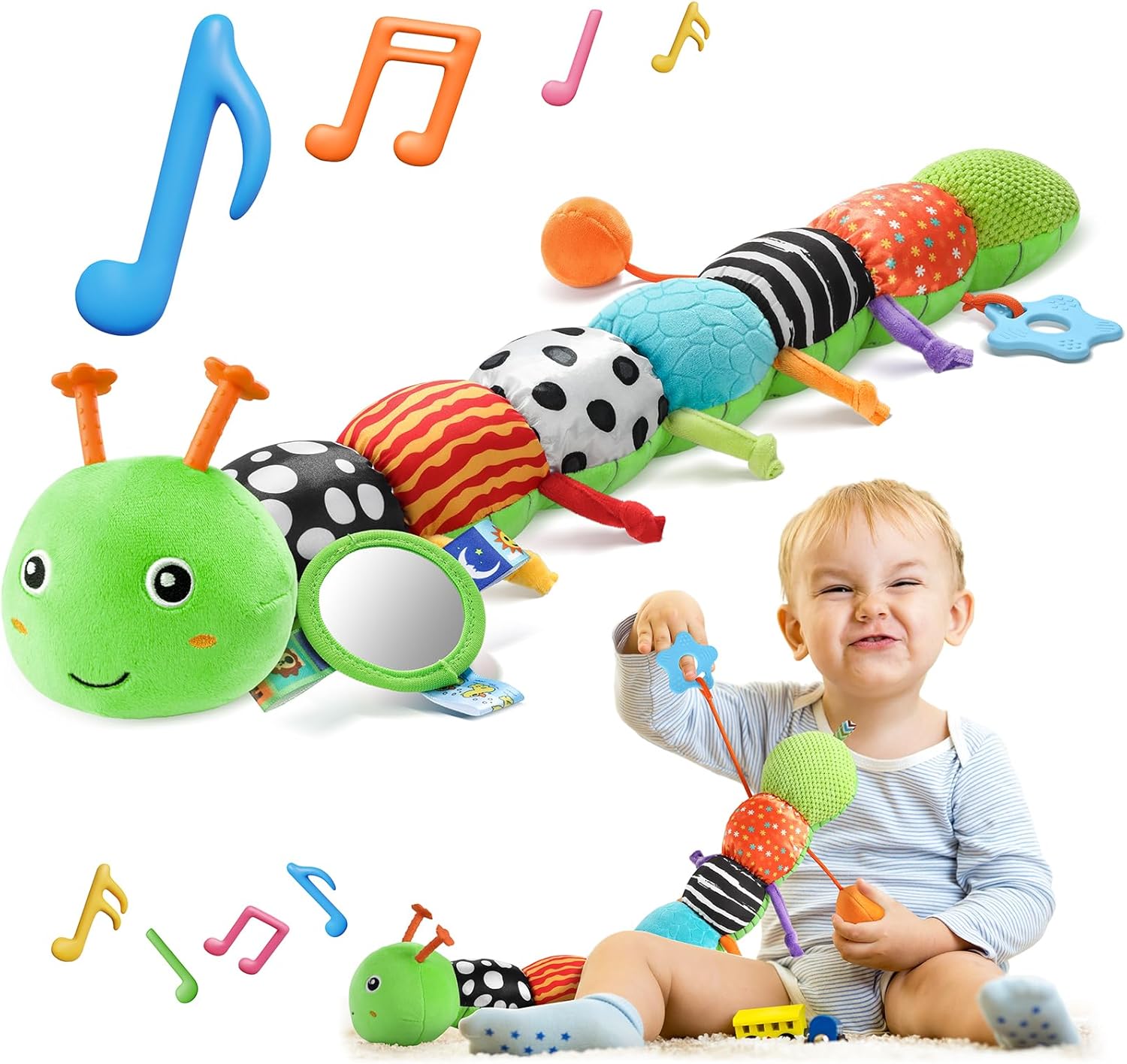 HEMRLY Baby Gifts Toys, Sensory Toy 0-6 Months, Musical Stuffed Caterpillar Plush with Soft Teether, Rattle for Tummy Time, Infant Car Seat Toy for 0-3-6-12 Month Boys Girls Gifts - Spotted Pink