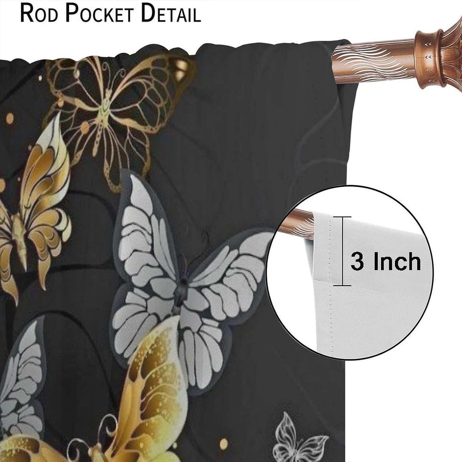 Golden Butterfly Window Curtains, Black Gold Butterflies Rod Pocket Windows Door Curtain for Bedroom Living Room Home Decor 42x45in Decor