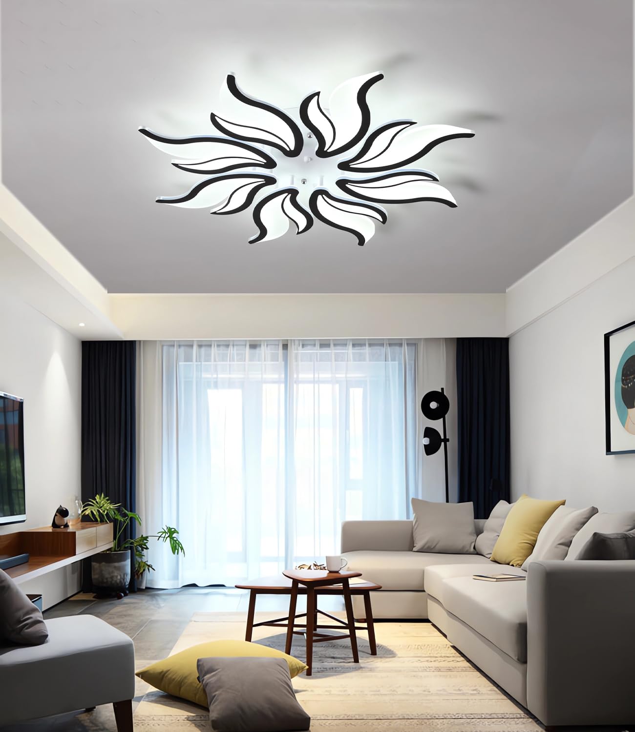 MOMOYY Modern Led Ceiling Light Dimmable with Remote Control Ceiling Lamp Living Room Bedroom Dining Room Ceiling Light Flame Modelling Multifunctional Ceiling Lighting (Black, 8 Heads)