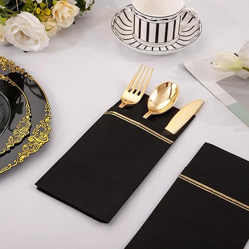 Miniatura 5 de Nervure 100 servilletas de papel negro con bolsillo integrado para cubiertos, tela preplegada negra y dorada como servilletas desechables,