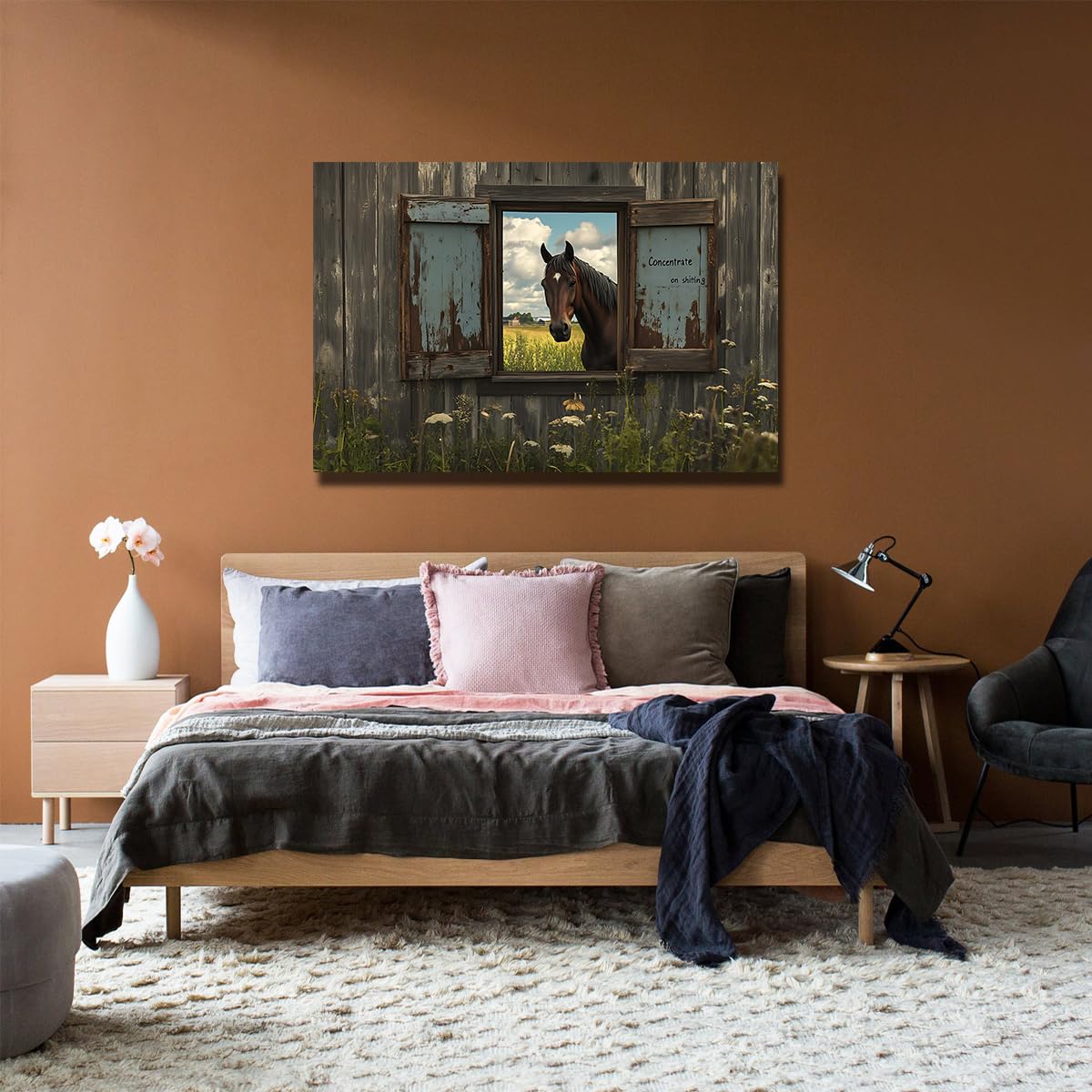 CHERHERART Sztuka ścienna vintage wiejski wiejski plakat wydruki na płótnie brązowy koń w rustykalnym oknie stodoły obraz na płótnie do łazienki wystrój domu 85 x 140 cm bez ramy