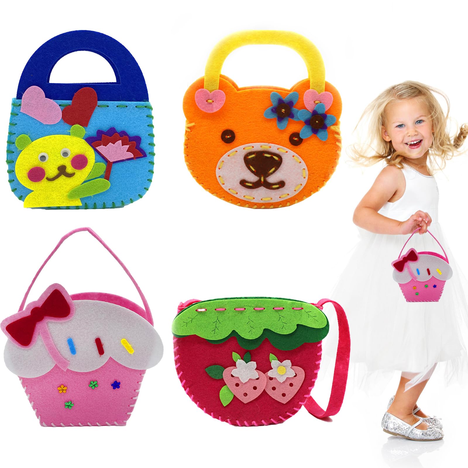 AffeGifts Felt Sewing Kits for Children, 4 Pack Handbag Kids Sewing Kit Childrens Sewing Kits for Beginners Fun DIY Educational Sewing Craft Gifts for Girls