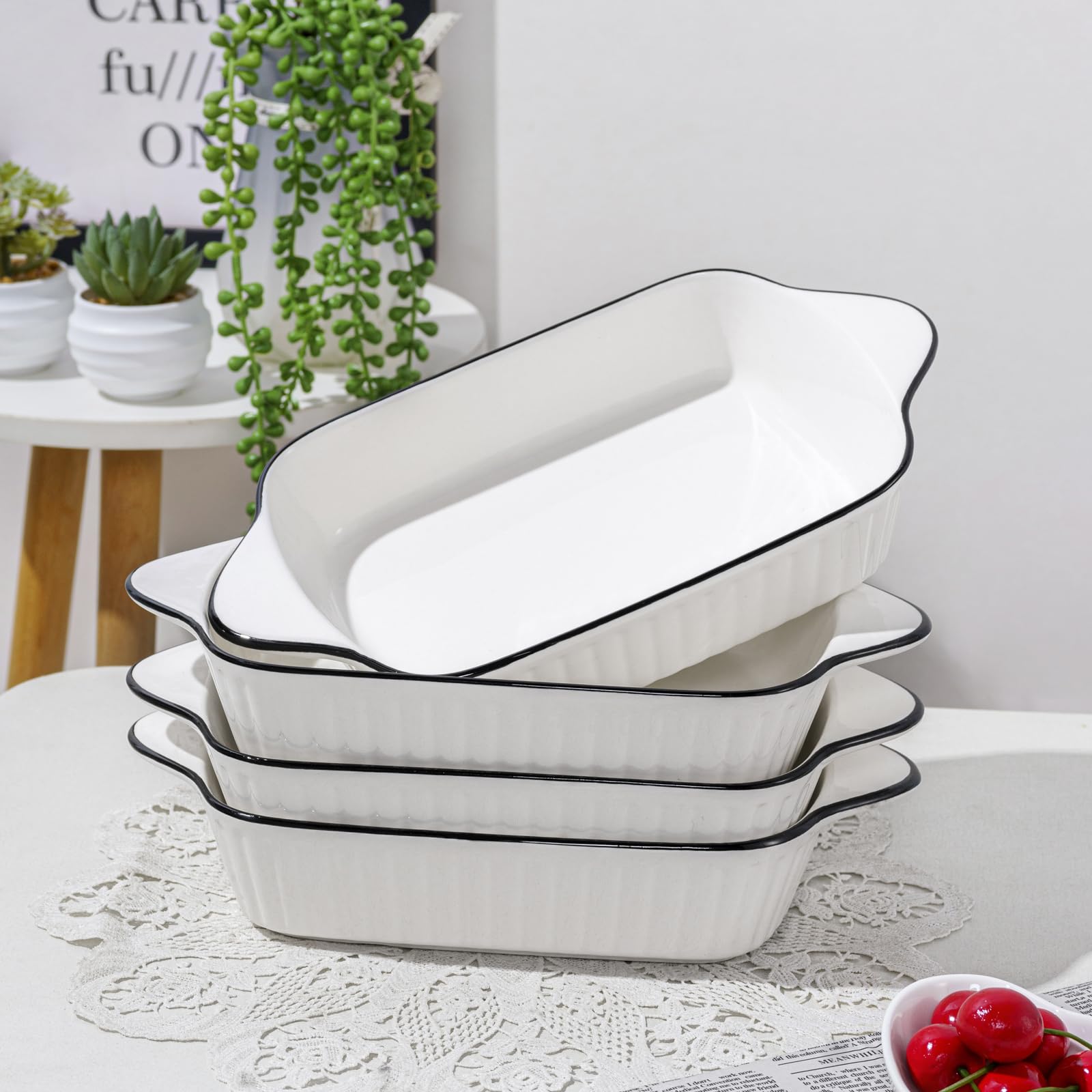 Juego de 4 moldes rectangulares de cerámica para horno de 26,8 cm (10,5 pulgadas), aptos para horno, microondas y lavavajillas, para lasaña, cazuela, pizza y postres