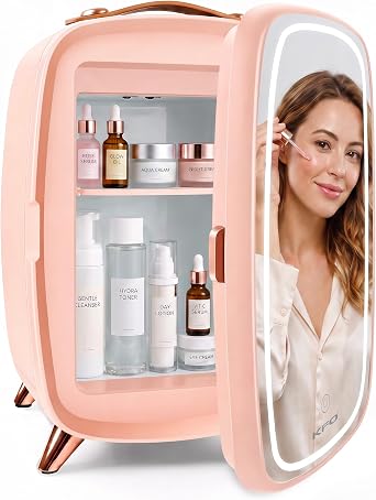 KFO Mini Skincare Fridge 6L Beauty Fridge with 7 Tilted LED Mirror & 3-Mode Light, Portable Cosmetic Cooler for Makeup Serums, 43F 20dB Quiet, 100-240V Small Fridge for Bedroom Bathroom Office