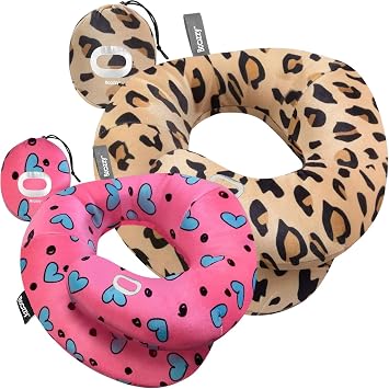 BCOZZY Travel Neck Pillow 2-Pack Large Leopard & Small Hearts Adult + Kids Family Travel Comfort Bundle
