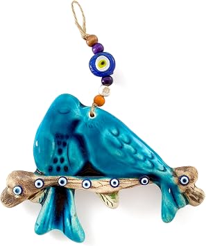 Lovebirds Ceramic Evil Eye Hanging Wall Decoration, Handmade Indoor Outdoor Ceramic Wall Sculpture, Nazar Bead Amulet, Hanging Ornament, Ethnic Style Wall Decor for Bedroom and Livingroom