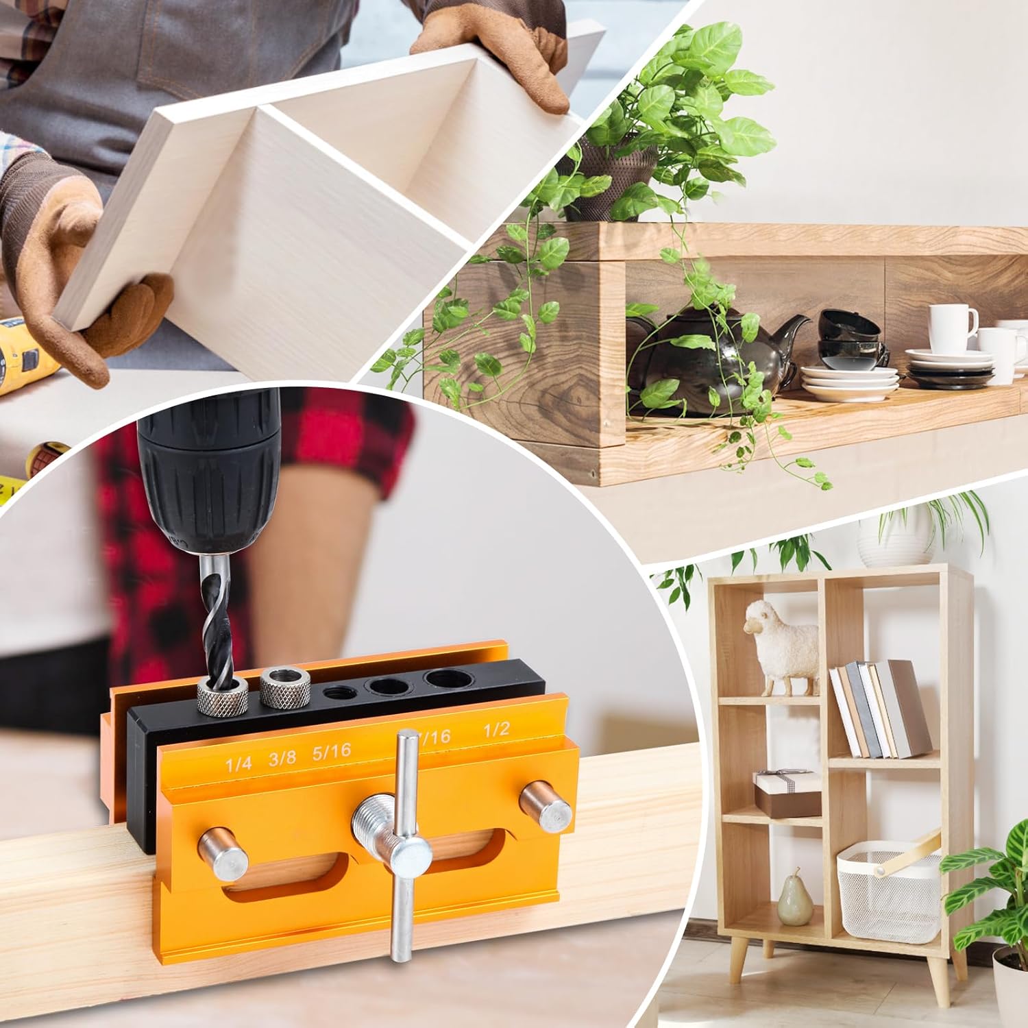 Self Centering Dowel Jig - Doweling Jig Kit for Woodworking Drill Guide For Straight Holes Wood Tools Width Adjustable with 6 Bushings + 3 Drill Bits