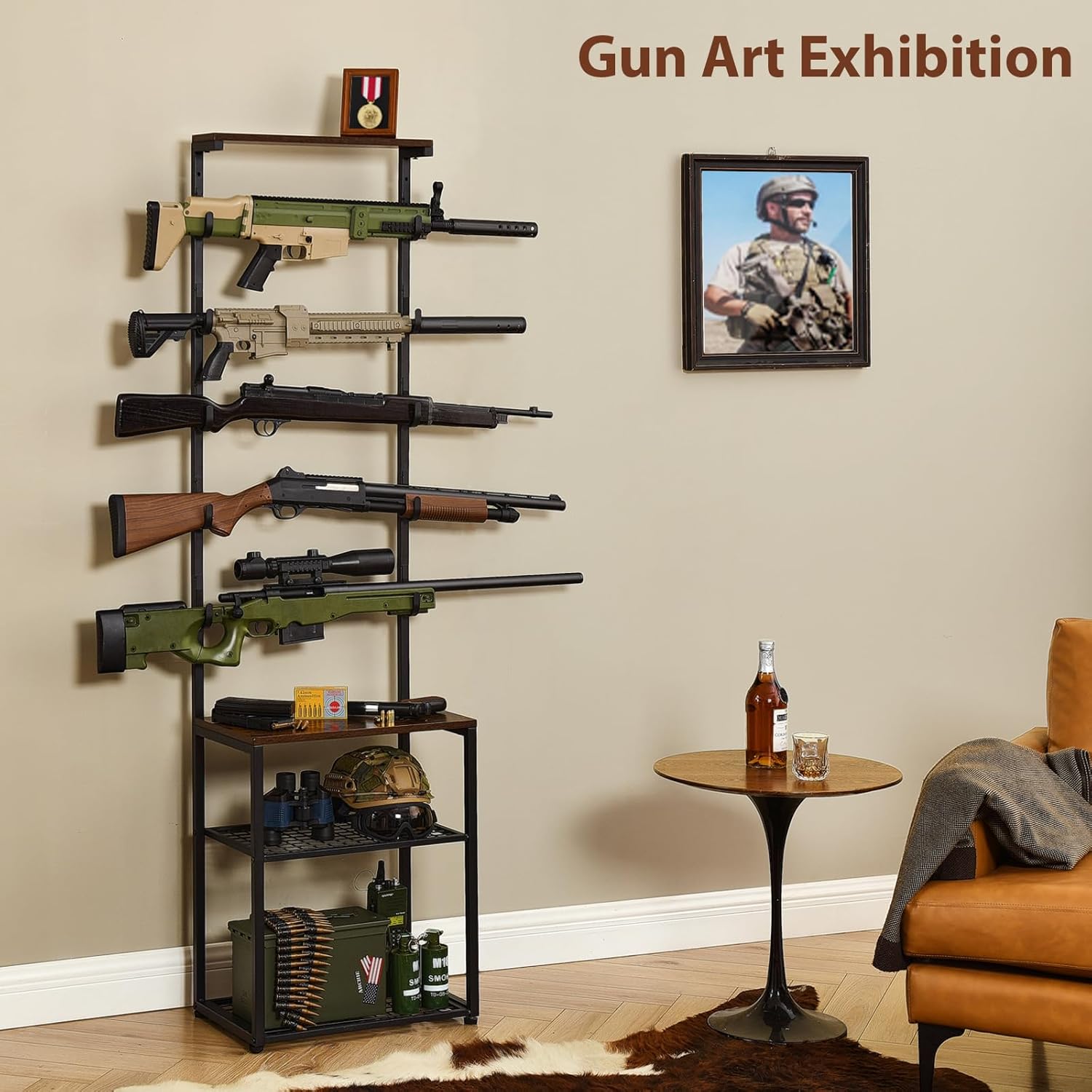 Gun Rack, Indoor Gun Racks for Wall Mount Gun Display Stand, Floor Gun Stand Holds up 5 Guns Storage Airgun Rifle Holder Hunting Gun Shelf (Black, Large-19.7" L)