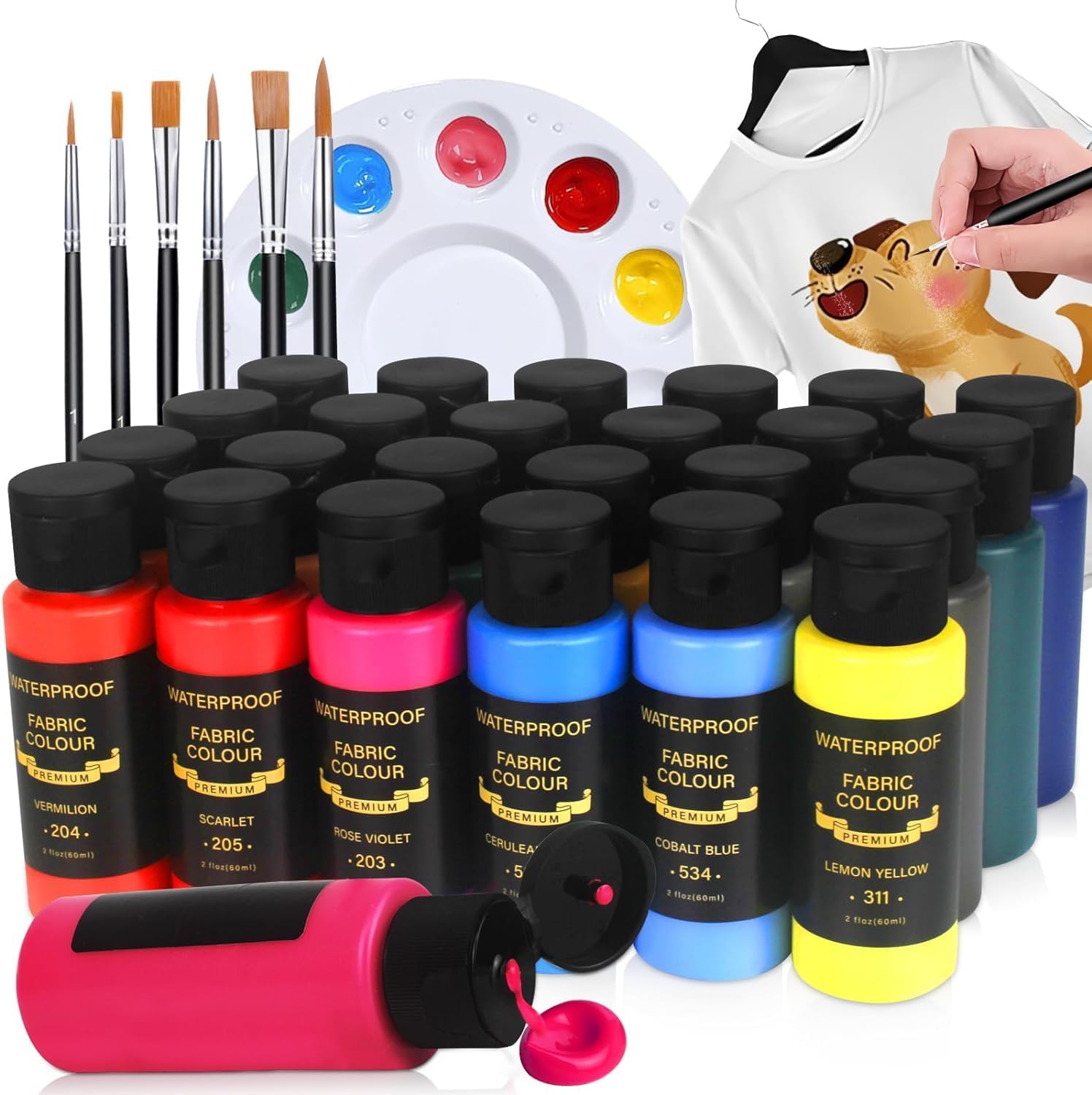 Colorful Fabric Paint Set for Clothes with 6 Brushes, 1