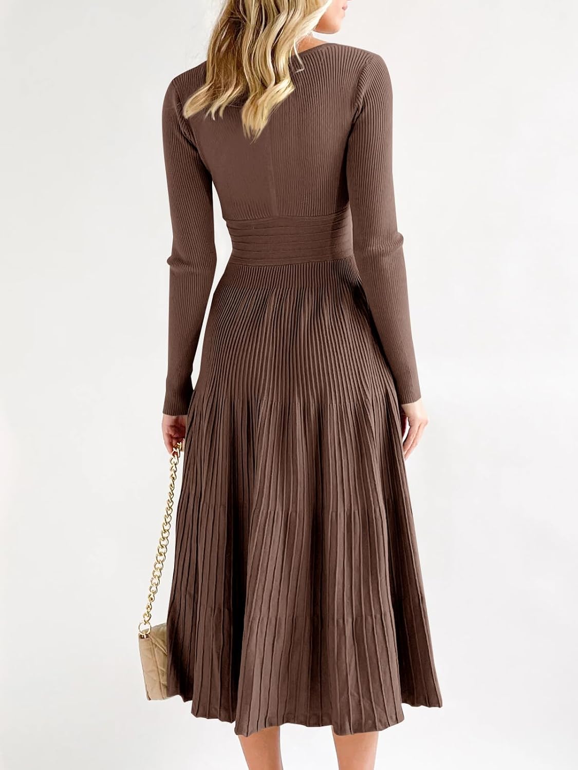 Saodimallsu Womens Long Sleeve Midi Sweater Dress Wrap V Neck Pleated A Line Fit Flare Elegant Knit Maxi Dress - Image 5