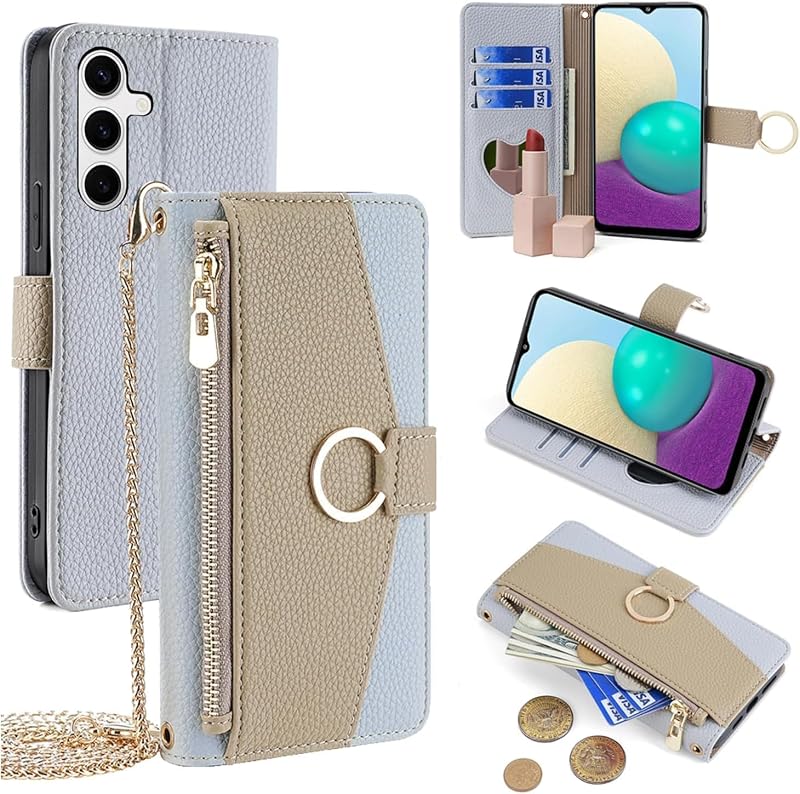 For Galaxy S26 ケース 手帳型 ショルダー For ギャラクシーS26 SC-51G/SCG36/SM-S942Z 財布型 カバー 肩掛け 斜めがけ 化粧鏡付き 女性 おしゃれ ロングストラップ ジッパー小銭入れ カード収納 横置き 上質な手触り 耐汚れ気質 肌感レザー 防指紋 耐久性 贈り物 COCOCLOUD ブルー
