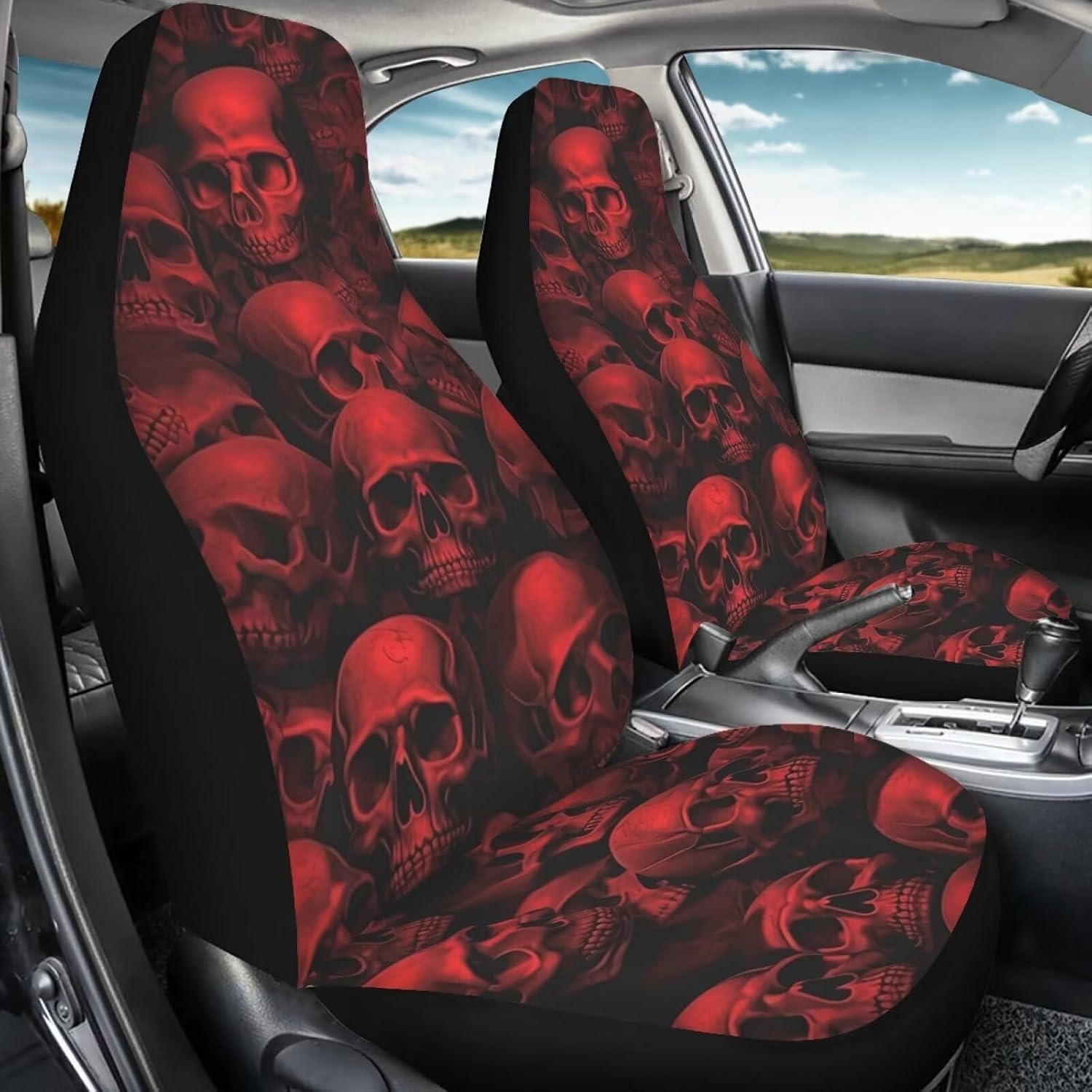 Skull Printed Car Seat Covers Set of 2, Comfy Elastic Car Seat Covers Front Seats Only, High Back Bucket Seat Protector Fits Most Cars Truck Van and SUV, Universal Auto Accessories