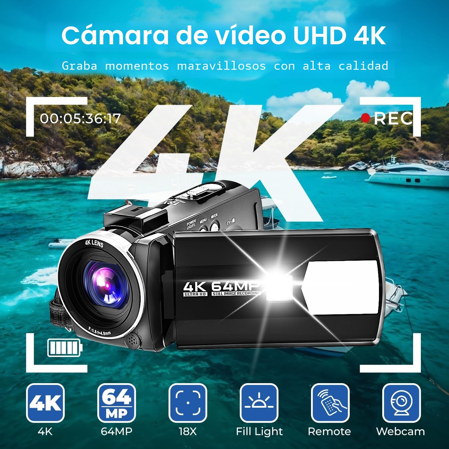 Cámara de vídeo 4K 64MP Videocámara 18X Digital Zoom Camara Video, 3" 270° giratoria Pantalla Vlog Cámara para Youtube, Camcorder Video Camera con Tarjeta SD de 32 GB, Remoto, Batería