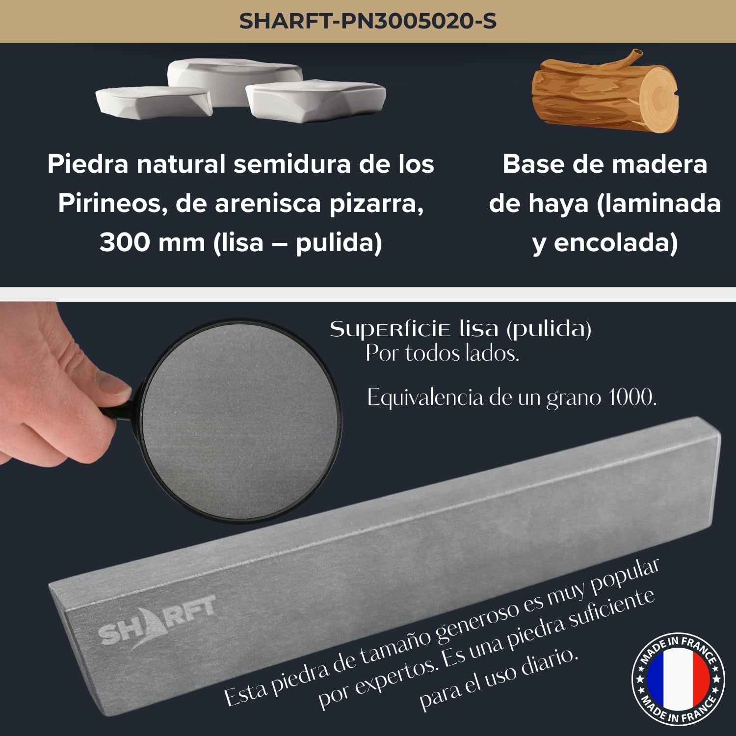 SHARFT, piedra de afilar natural de los Pirineos, equivalente a grano 1000 + base de madera. Piedra de afilar de 300 mm. Afilador de cuchillos de cocina, etc. Afilador profesional. MADE IN FRANCE.