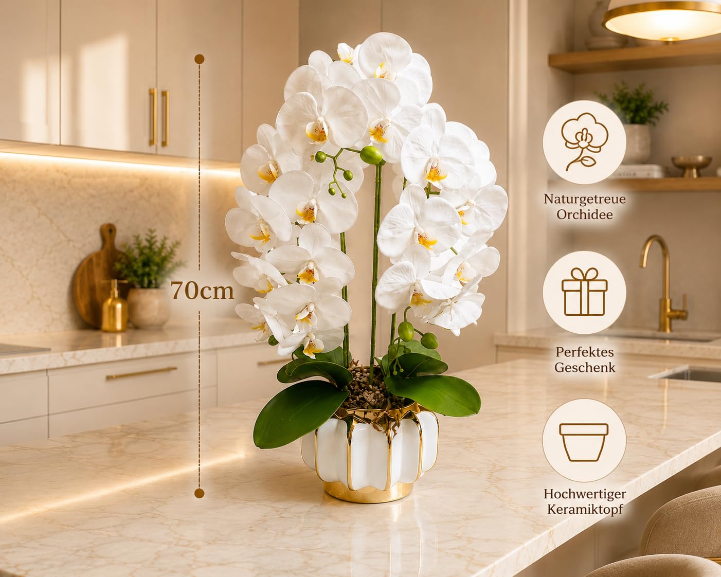 PASCH® XXL Orchideen künstlich in Hochglanz-Keramiktopf (72cm) | Kunstblumen im Topf | Kunstblumen wie echt | künstliche Orchideen im Topf | künstliche Blumen im Topf