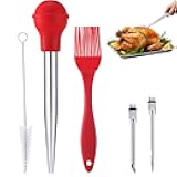 CHENGU 5 Pieces Stainless Steel Turkey Baster Set for Cooking Includes 1 Large Meat Baster Syringe 1 Basting Brush 1 Cleaning Brush 2 Needles for Thanksgiving BBQ Pork Beef Baking Kitchen(Red)