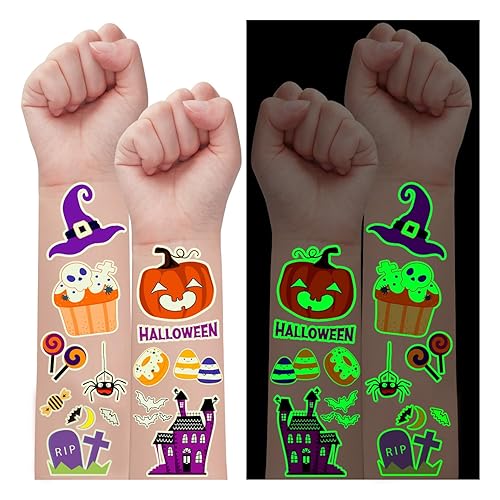 Partywind Decoraciones de fiesta de Halloween brillantes para niños, 125 estilos, tatuajes luminosos de Halloween con calabazazombifantasma, bolsas