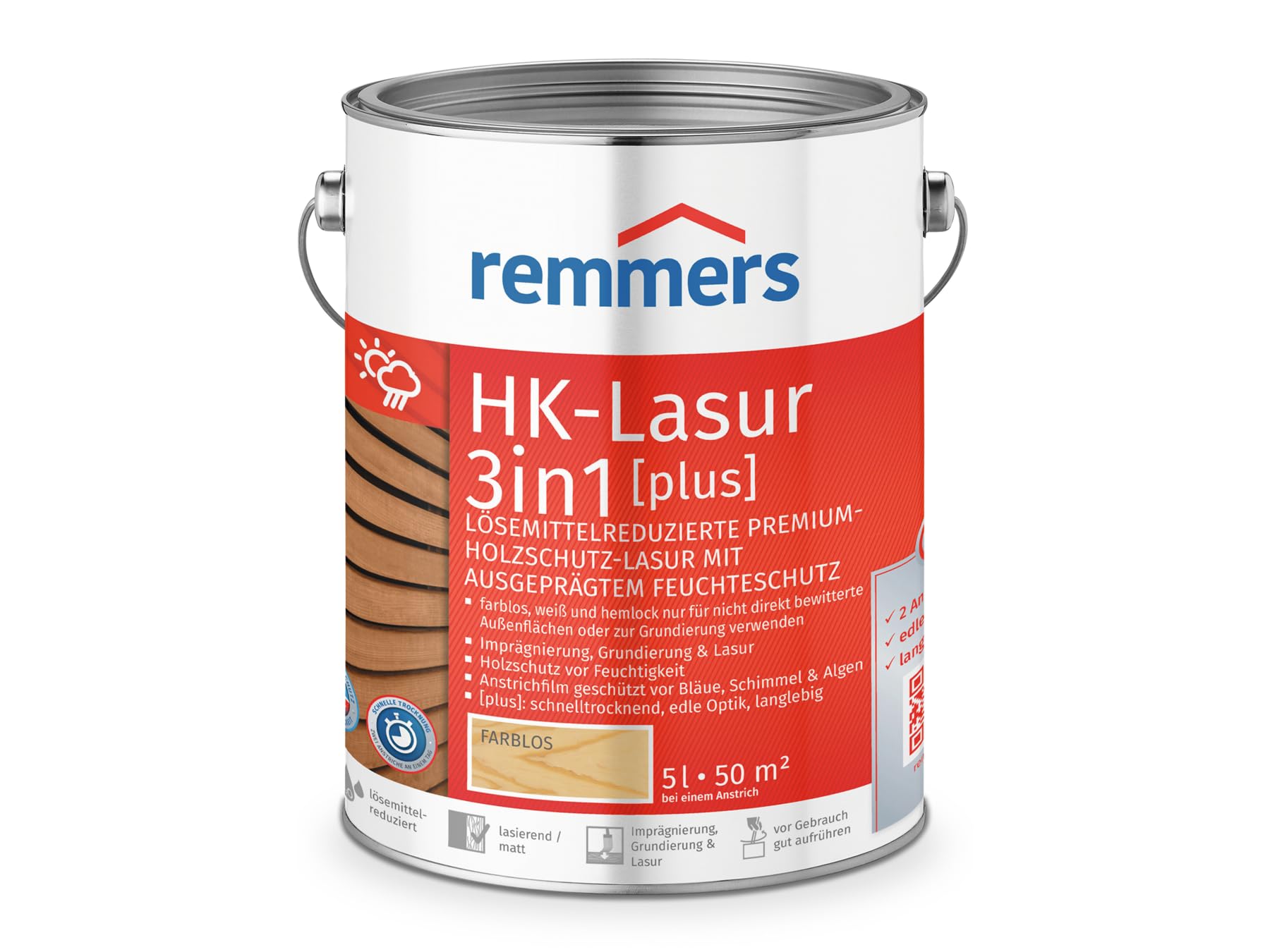 Remmers Vernice trasparente Acqua HK 3in1 incolore, 5 litri, vernice per legno, per recinzioni, copertura per auto, casette da giardino, impregnante + fondo + finitura in uno