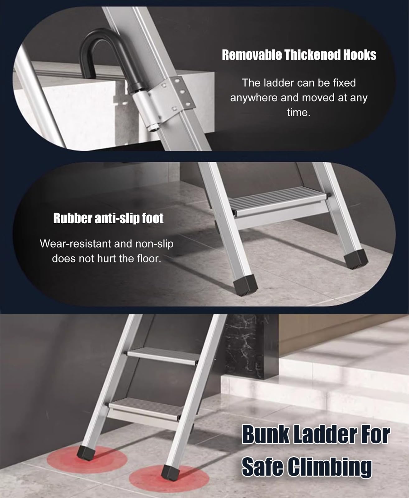Escalera plegable para litera – Escalera portátil de repuesto para remolque de viaje/RV, escalera interior antideslizante con ganchos, altura ajustable de 46 a 66 pulgadas
