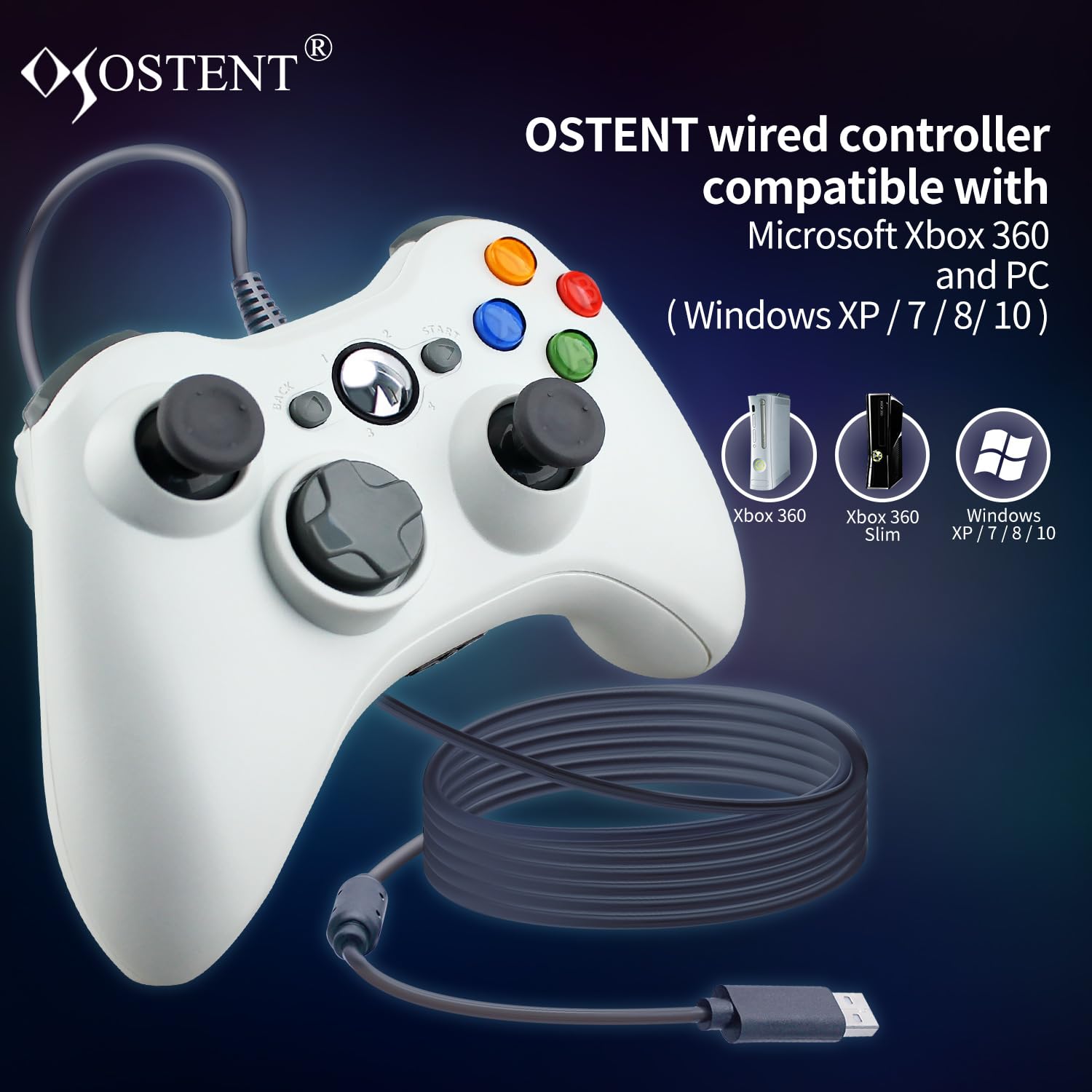 OSTENT Przewodowy kontroler kabla USB, kompatybilny z konsolą Microsoft Xbox 360, PC, komputerem, grami wideo (biały)