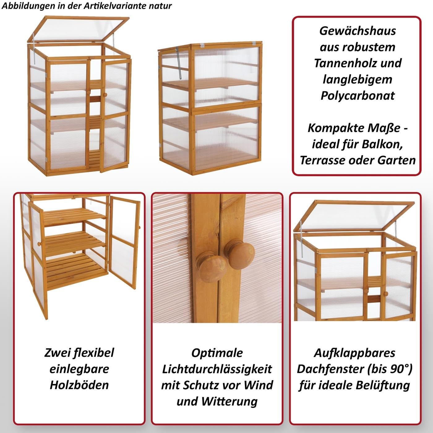 Mendler Gewächshaus HWC-Q13 110x76x57cm Holz - Natur | Treibhaus, Anzuchthaus, Frühbeet, Fenster, verstellbar FSC®-Zertifiziert