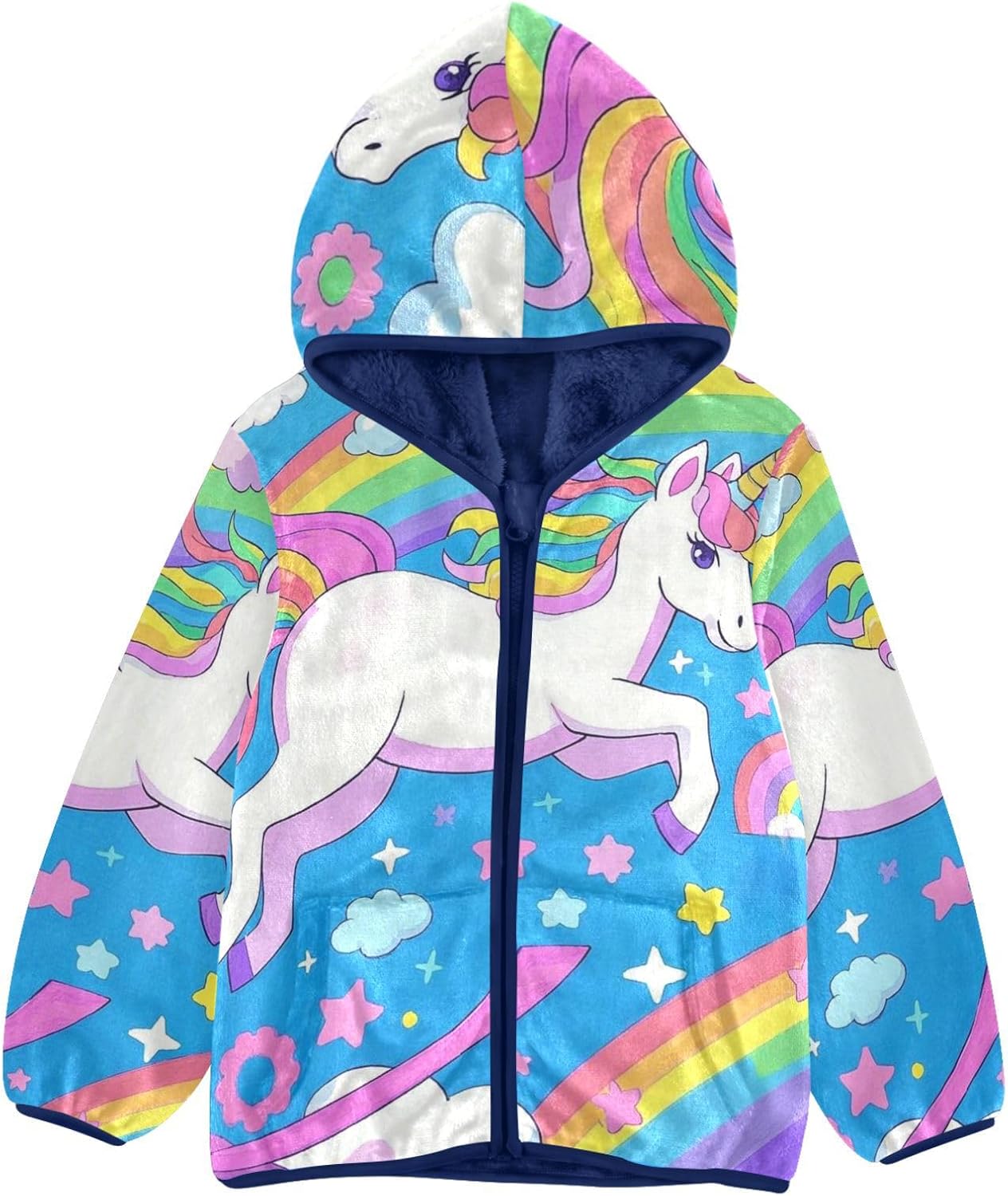 Cartoon Cute White Rainbow unicorns Toddler Soft Jackets Outerwear Jackets Navy Blue Trendy Baby Boys Clothes