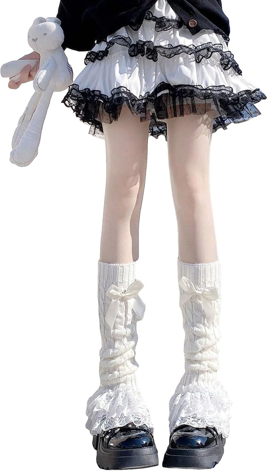 Women's 1 Pair Y2K Bow Front Lace Trim Leg Warmers Ribbed Knit Over Knee Pile Leg Warmers Long Socks
