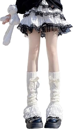 RoseSeek Womens 1 Pair Y2K Bow Front Lace Trim Leg Warmers Ribbed Knit Over Knee Pile Leg Warmers Long Socks