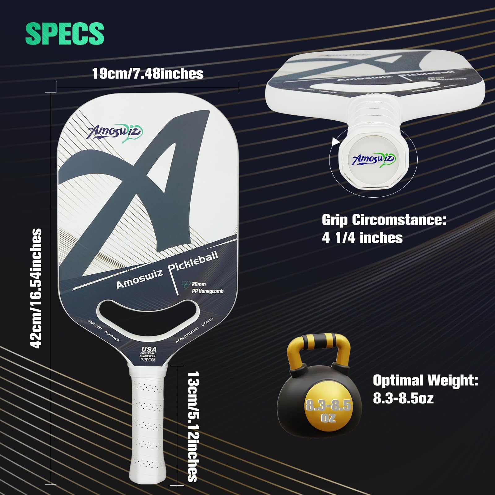 Pagaie de pickleball en fibre de carbone, pagaies de pickleball thermoformées de 19 mm