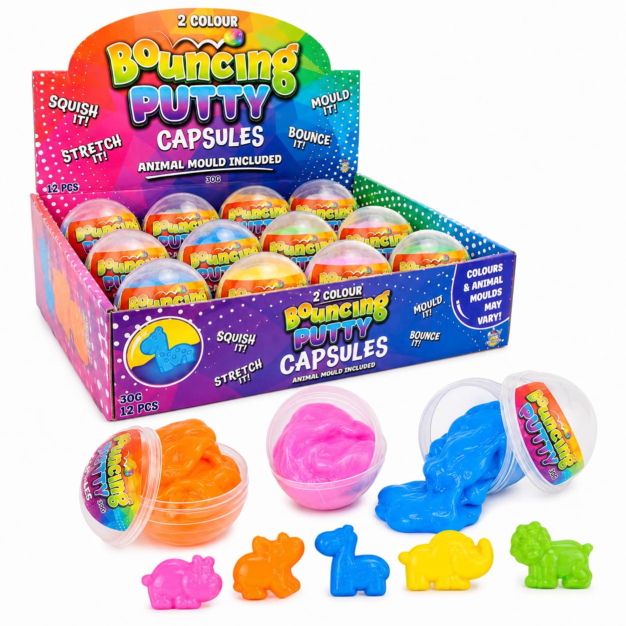 3x Random Colours Stretchy Bouncing Putty Balls with Animal Mould, 30g Squishy Slime Putty Capsule, Sensory Toy, Fidget Toy, Novelty Kids Toy — image 1