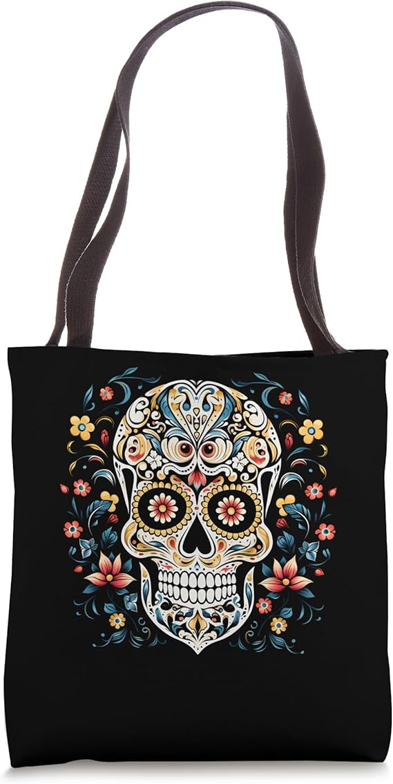 Floral White Sugar Skull Flowers Halloween Day Of The Dead Tote Bag