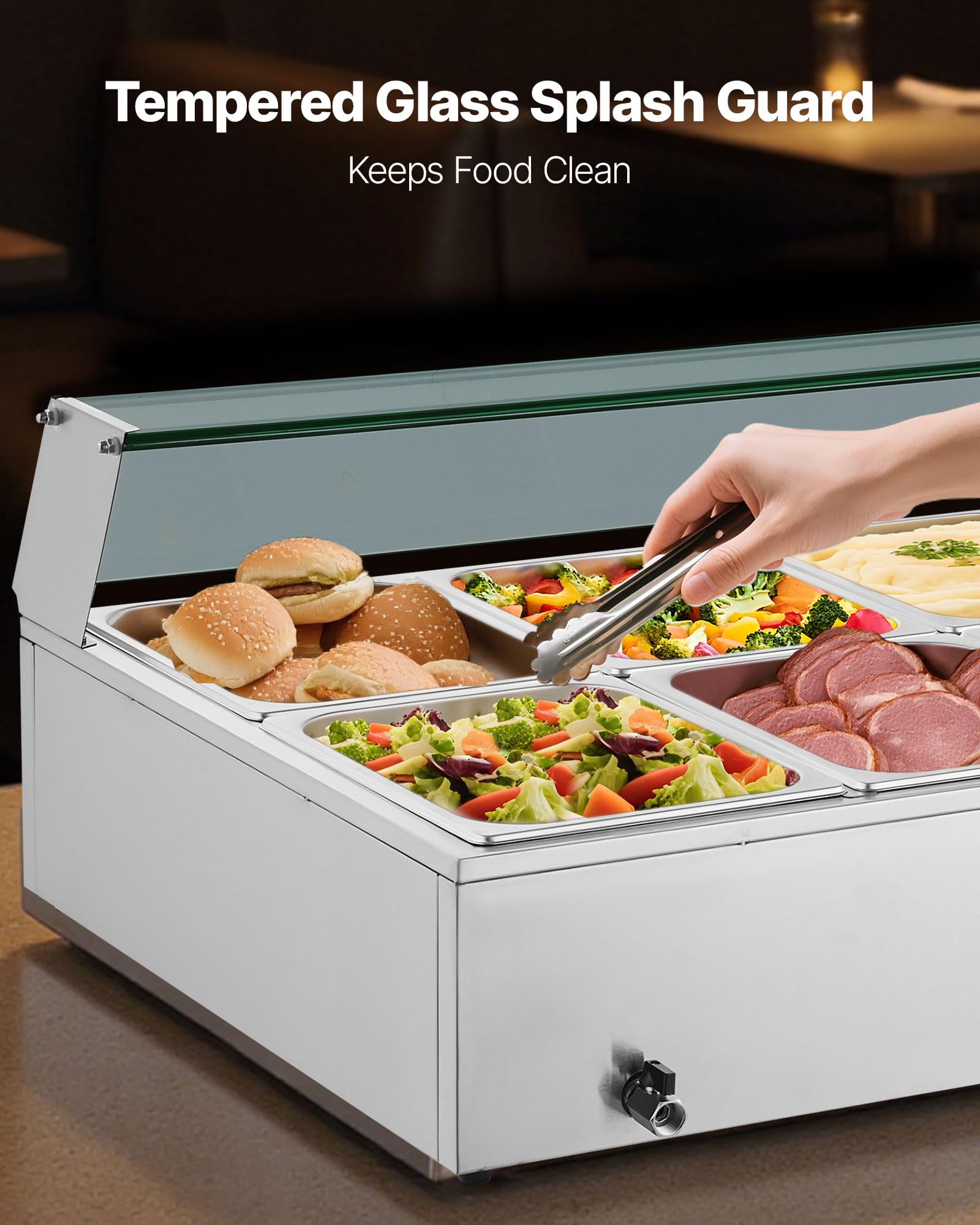 VEVOR Calentador de Alimentos 1700 W, Eléctrico, Acero Inoxidable, con Vapor y Tapa de Cristal, para 10 Sartenes, para Buffet de Encimera, a Catering, Restaurantes y Fiestas, 1460 x 690 x 385 mm