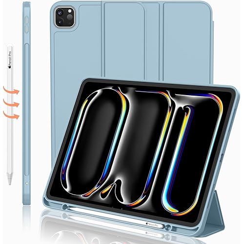 iPad Pro 13 Inch Case M4 (2024) with Pencil Holder, Trifold Stand Smart Case with Soft TPU Back, Auto Wake/Sleep (Light Blue)