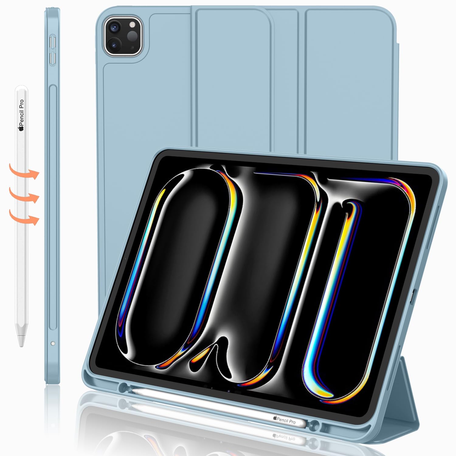 iMieet Case for iPad Pro 11 Inch (M5) 2025 /(M4) 2024 5th Gen, Trifold Stand Smart Cover with Pencil Holder and Soft TPU Back, Auto Wake/Sleep (Light Blue)