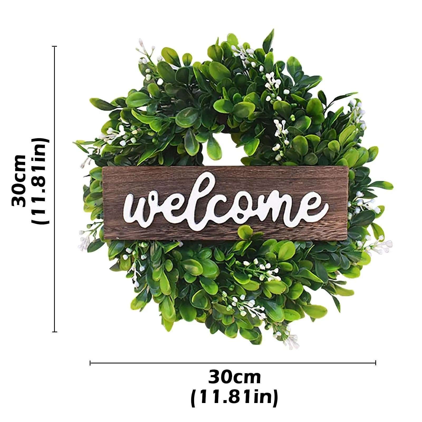 Ghirlanda Per Porta Ghirlanda di eucalipto verde con cartello di benvenuto, ghirlanda artificiale primaverile ed estiva for la decorazione della parete della porta d'ingresso in stile fattoria. Per Ag