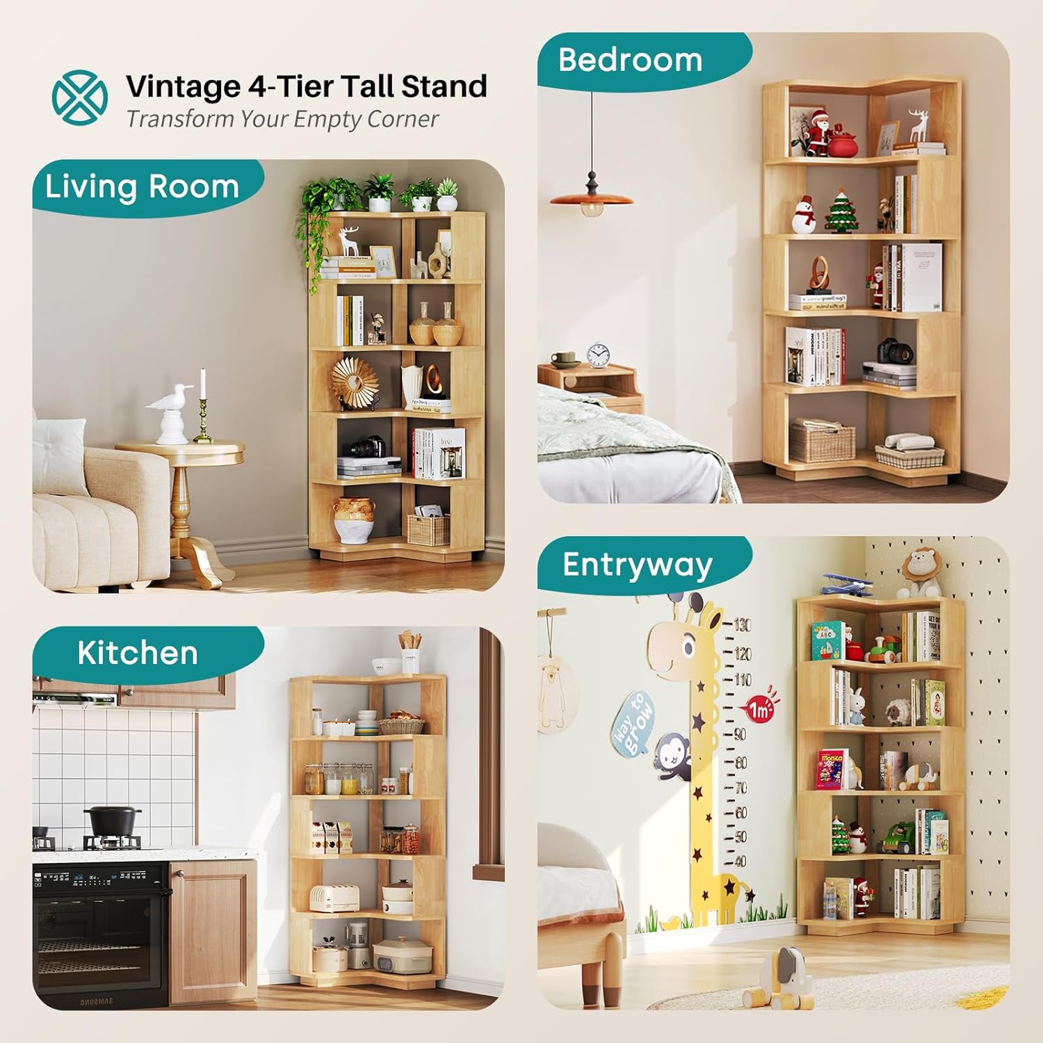 Wooden 5 Tier Corner Bookshelf - 65" Tall L-Shaped Corner Book Shelves for Space Saving, Solid Wood Bookcase Open Display Shelf with Baffle for Home Office, Living Room, Bedroom, Kitchen, Natural