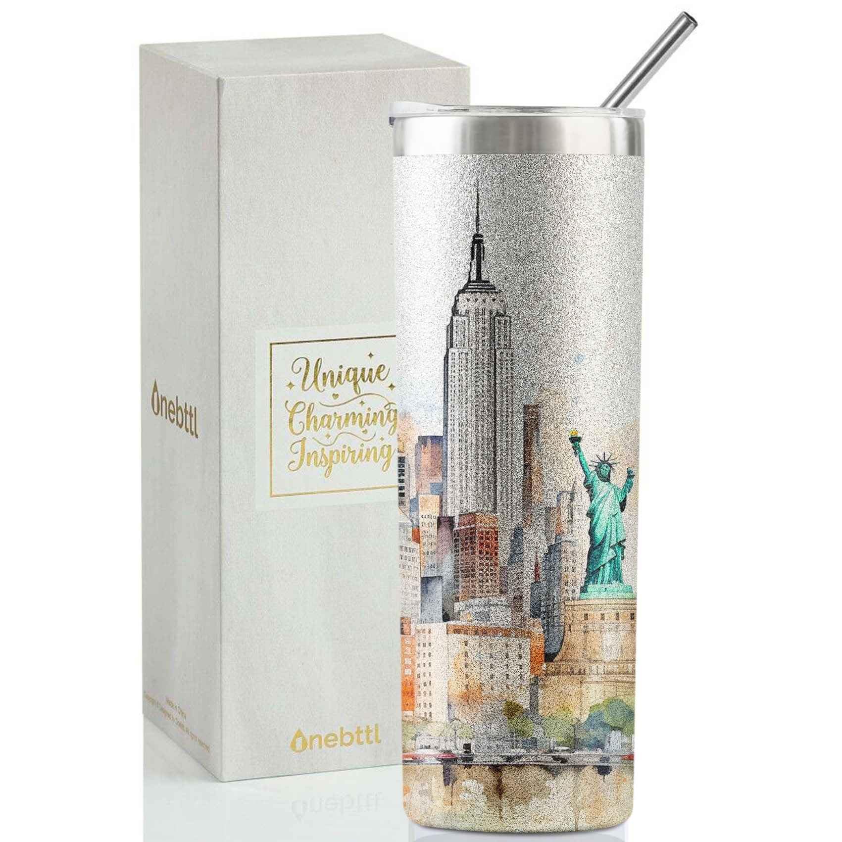 Onebttl New York City Skyline Gifts, NYC Gifts for NYC Lovers, Skyline Map 20oz Stainless Steel Tumblers with Lids and Straws, Perfect for Birthday & Christmas