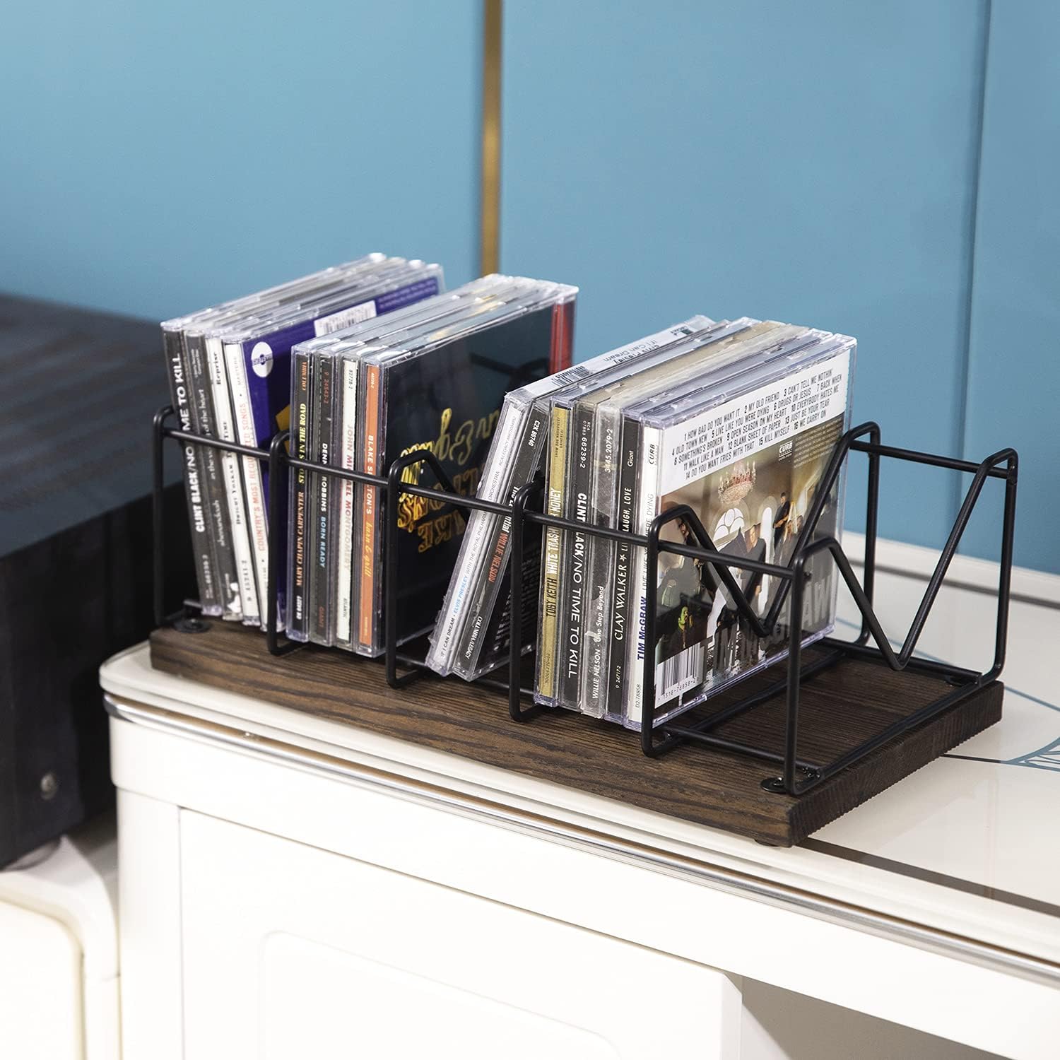 MyGift Vintage CD Rack, Rustic Wood & Black Metal Stand, 25 Disc Holder image 2