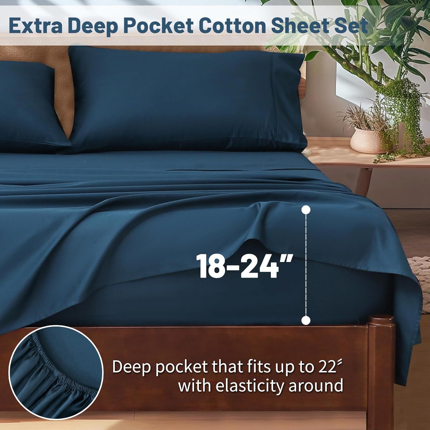 Extra Deep Pocket King Sheets 18-24 Inch 1000 Thread Count 100% Egyptian Cotton Sateen Weave Soft Breathable 4 Pieces(King,Navy) - Image 2