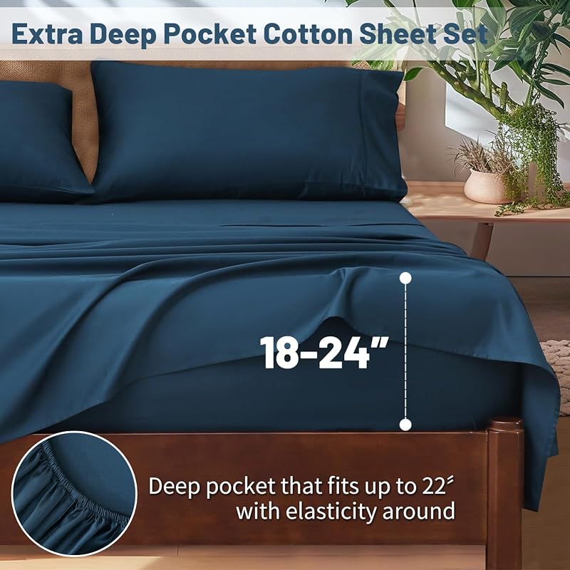 Overket Extra Deep Pocket King Sheets 18-24 Inch 100% Egyptian Cotton 1000 Thread Count Sateen Weave Soft Breathable 4 Pieces（King，Navy） image 2