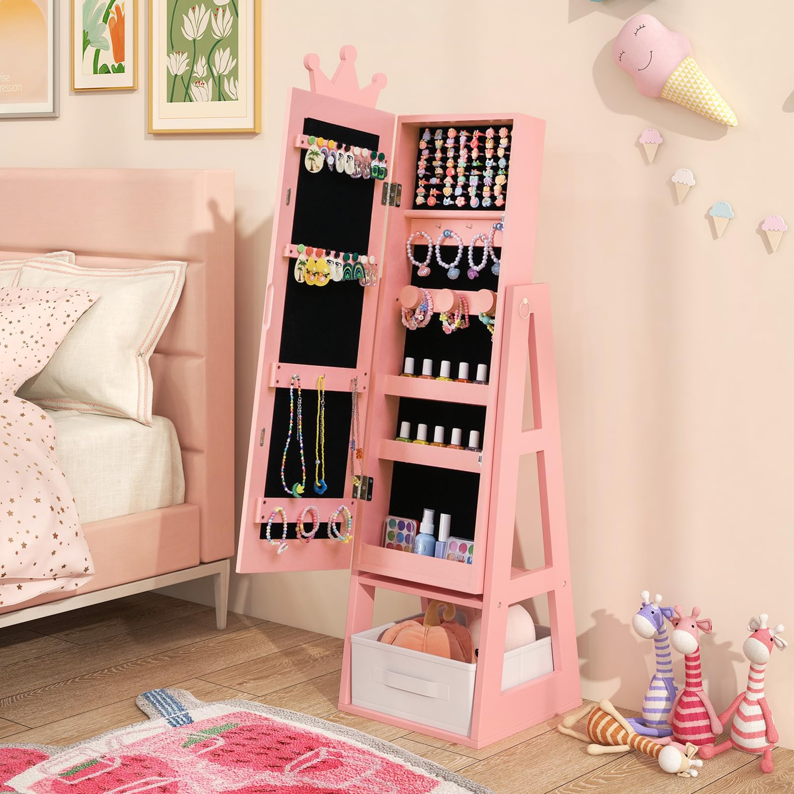 COSTWAY Kinder Schmuckschrank, 3 in 1 Spiegelschrank neigbar mit Ganzkörperspiegel & Aufbewahrungskorb, Schmuck-Organizer in Kronenform für Kinder ab 3 Jahren (Rosa)