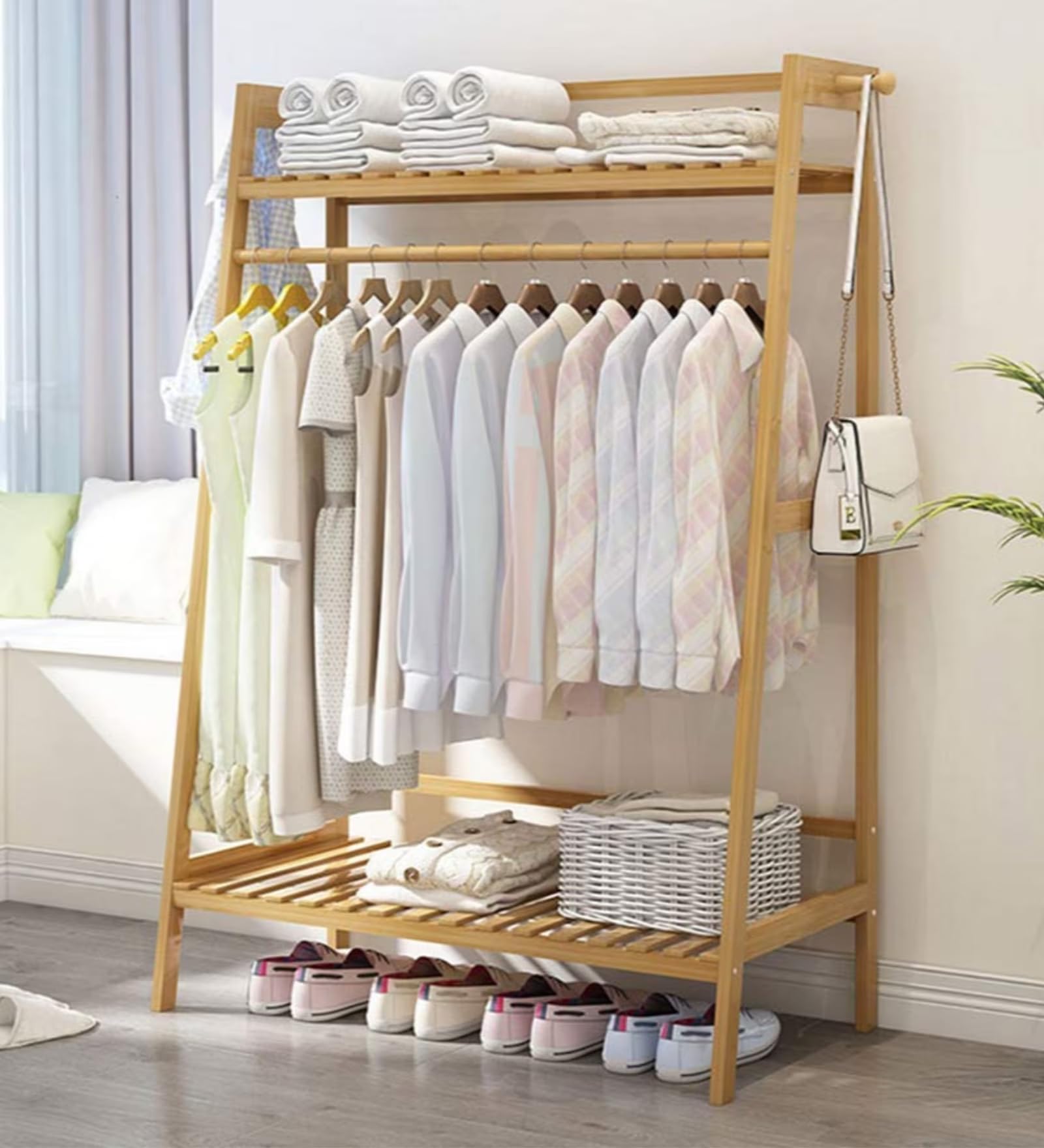 Lukzer BambooClothes Rack withShelves |78 cm Wide Wooden Garment Stand |Coat Hanger with Top&Bottom Storage |Multipurpose Clothes Rail & Shoe Organizer forBedroom, Entryway & Office (41 x 78 x 140 cm)
