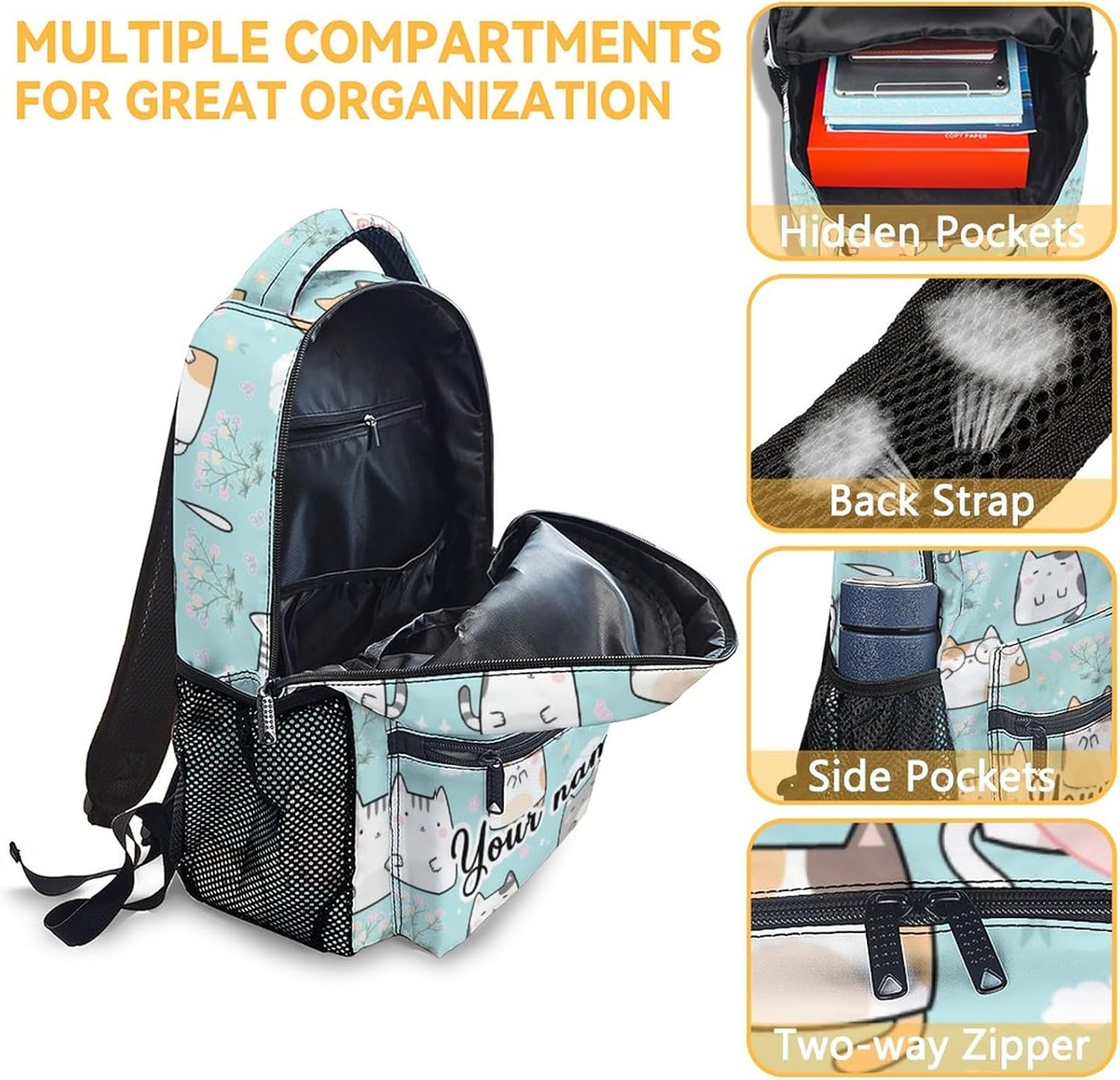 Custom Cat Backpack for Girls Boys, 16 Inch Green Backpacks for School, Cute Lightweight Durable Bookbag for Kids