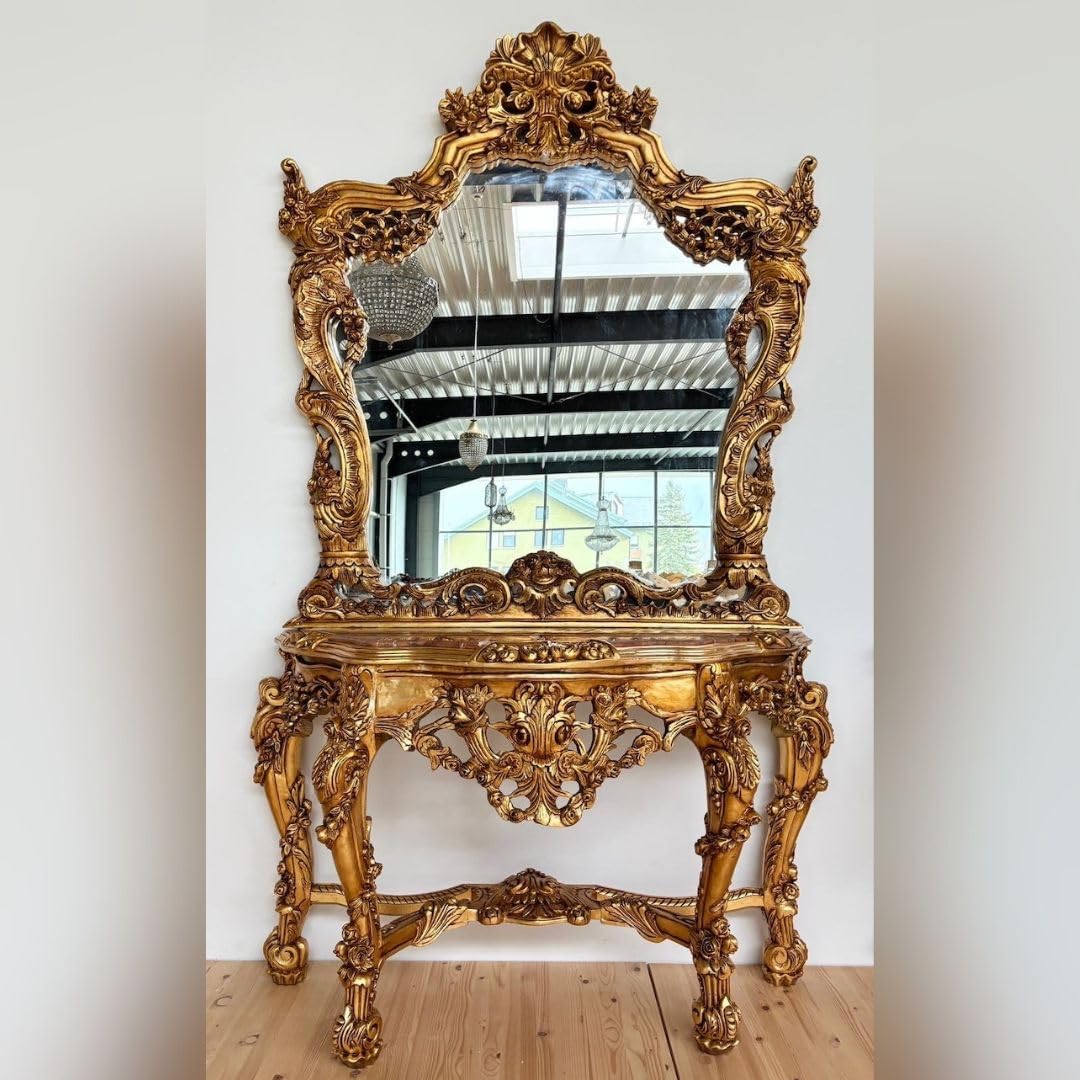 Luxurious Hand-Carved Teak Wood Dressing Table Dressing Table with Mirror Vanities Utility Marble Shelf Table for Bedroom | Living Room | Diwali Gifts (Golden Antique Finish)-image-29